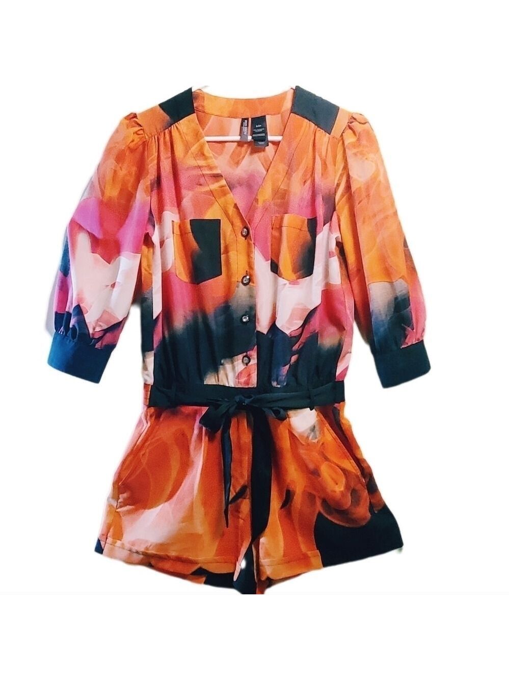 BISOU BISOU Dressy Romper Shorts Women's SM. 3/4 Sleeve V Neck Button Down Print